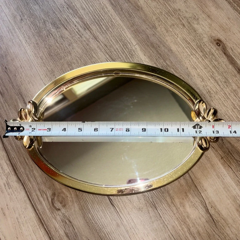 CI Gold Oval Mirrored Vanity Tray Bow Floral Accents Vintage Style 13.5in